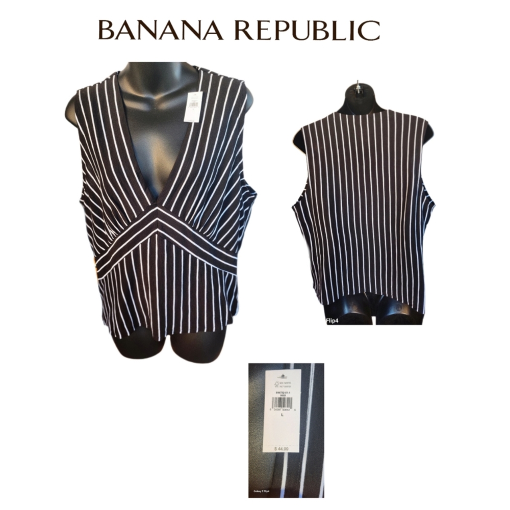 BANANA REPUBLIC MALIBU TEE BLACK/WHITE STRIPED TEE SHIRT TOP NWT SIZE L